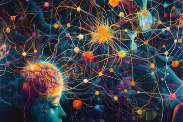 A visually complex mural with interconnected nodes and lines, resembling a vibrant neural network of interconnected human experiences