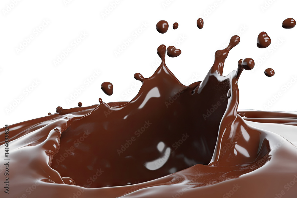 Poster close-up rich melted chocolate creating splashes against a white background emphasizing its smooth t