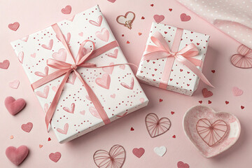 Romantic gift-giving concept with heart prints and soft pink aesthetics, ideal for Valentine's or baby shower