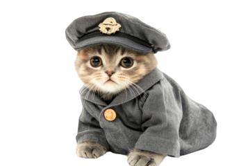 a cute kitten dressed in a gray pilot uniform complete with a cap posing adorably against a white background. playful and whimsical nature of pets in costume