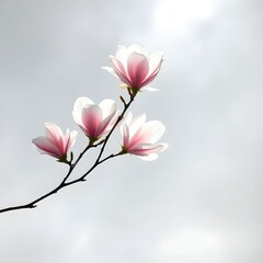 Obraz premium Delicate Pink Magnolia Blooms: Soft Petals on a Branch Against a Bright, Overcast Sky