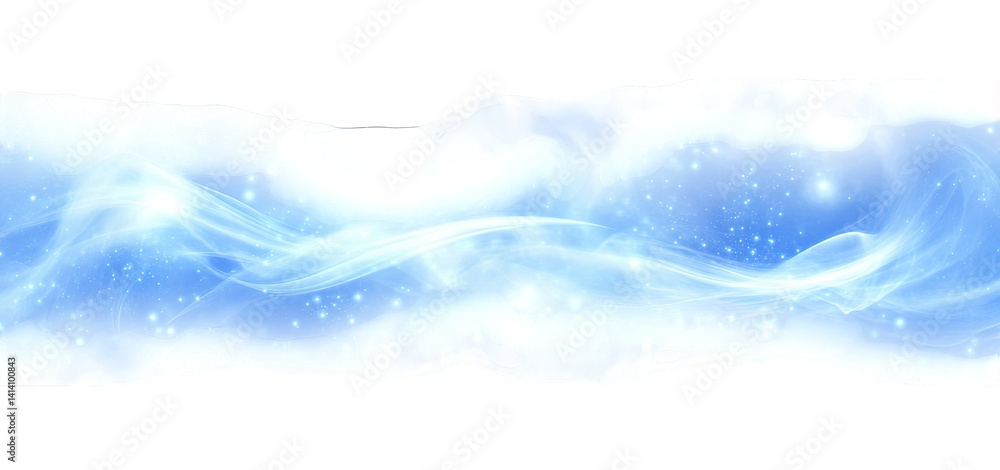 Poster a serene abstract design featuring flowing blue waves and soft light particles against a white backg