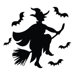 Witch Black Silhouette on Broomstick Isolated on White Background Vector Illustration