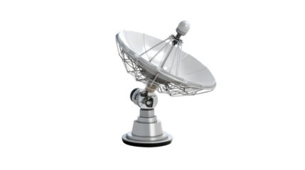 Isolated on white, a satellite dish antenna, a technology for wireless communication and television broadcast, points towards the sky