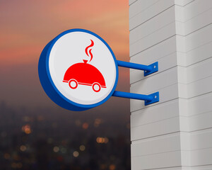 Restaurant cloche flat icon on hanging blue rounded signboard over blur of cityscape on warm light sundown, Business food delivery online concept, 3D rendering