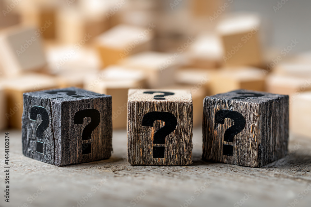 Poster Three wooden cubes with question marks, displayed on a wood surface against a blurred background of similar cubes, symbolizing uncertainty, questioning, or problem-solving