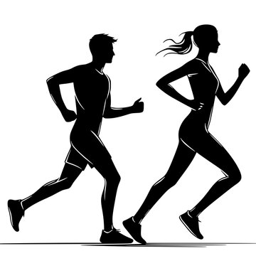 silhouette of a man and woman, running