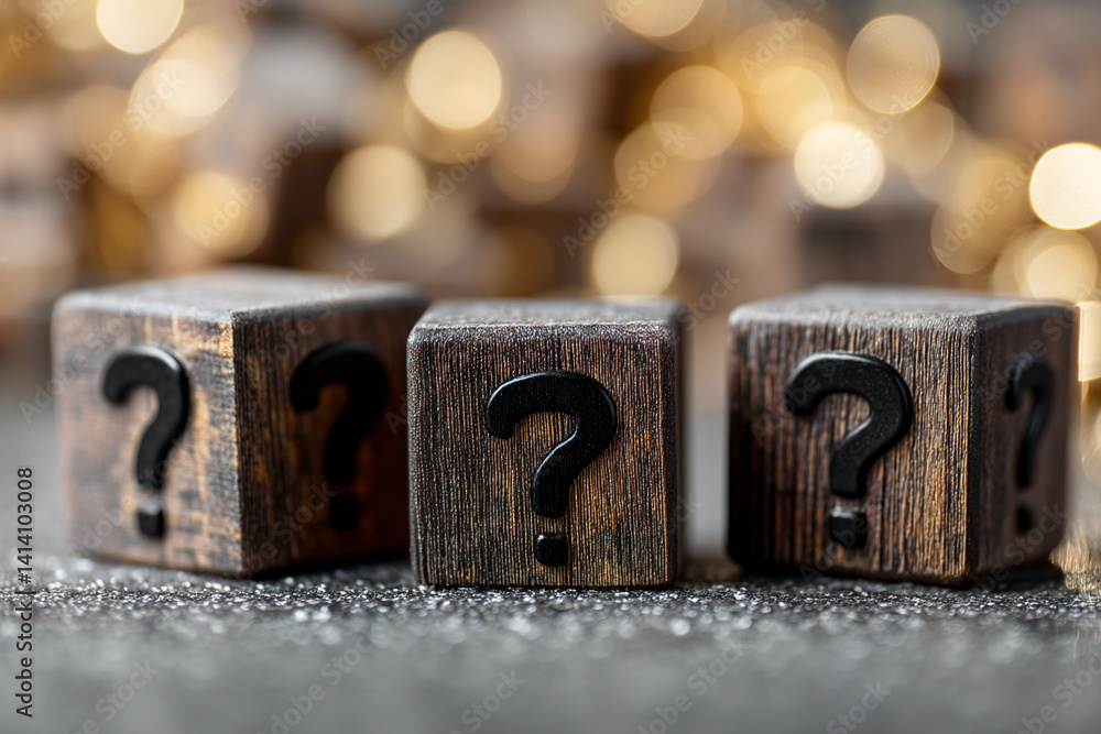 Poster three dark brown wooden cubes with black question marks on a gray glittery surface, bokeh background