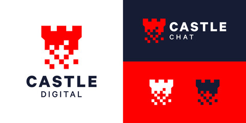 Security fortress building logo design. Castle logo with digital pixel logo design vector symbol icon