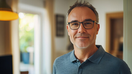 Naklejka premium Portrait of a cheerful middle-aged man with glasses, wearing a polo shirt, standing in his home office, looking warmly into the camera