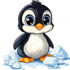Fototapeta premium a cute baby penguin among piles of snow,