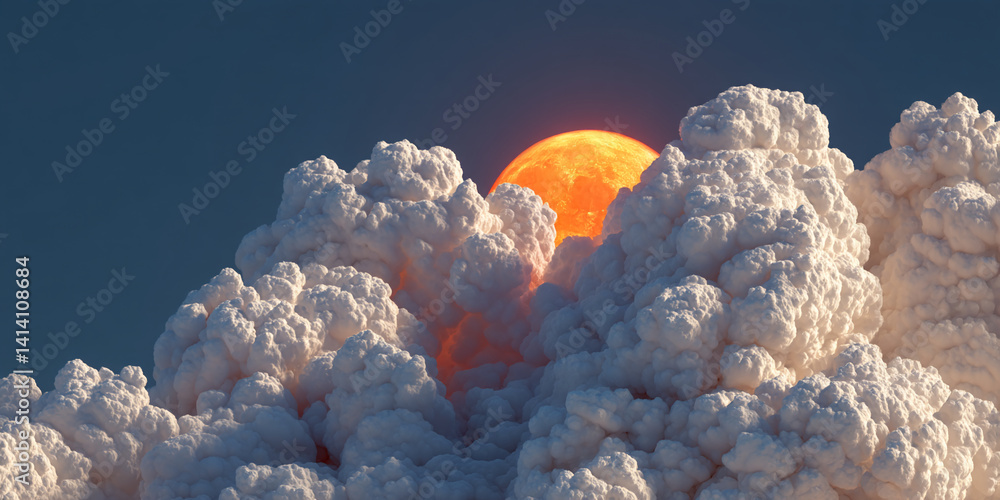Poster Orange moon partially hidden behind voluminous white clouds, creating a dramatic and surreal celestial scene