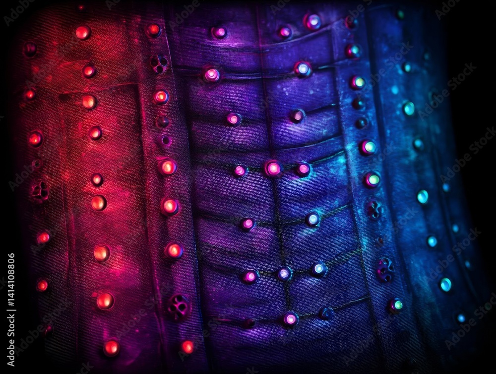 Poster vibrant corset design illuminated with multicolored lights in a dark background.