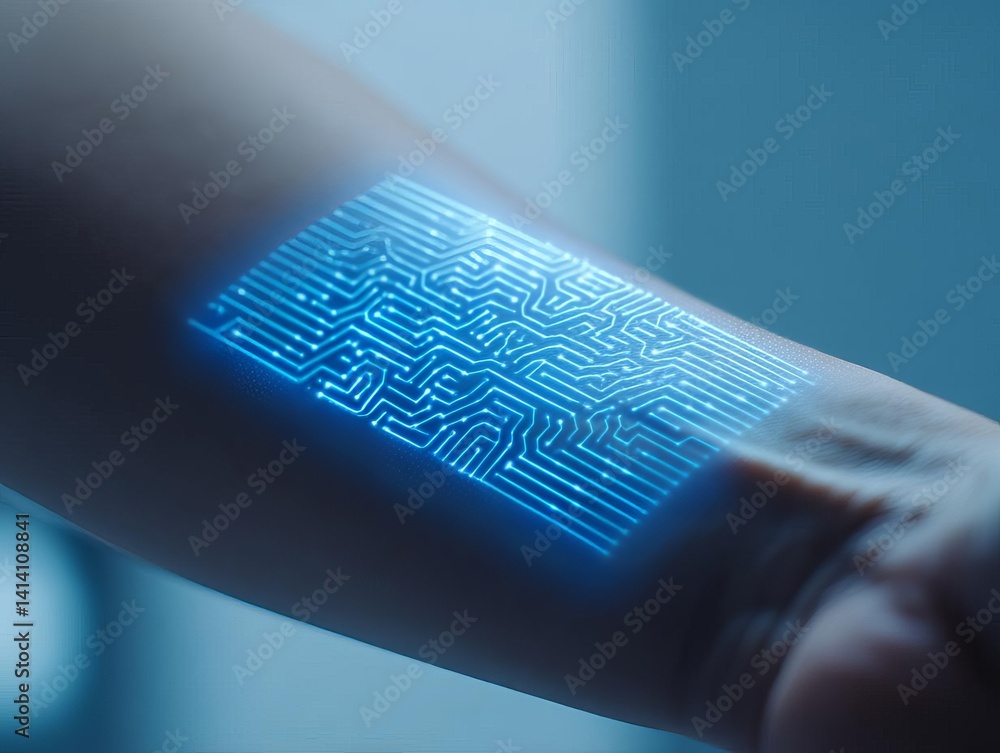 Poster a futuristic image of a glowing circuit pattern displayed on skin.