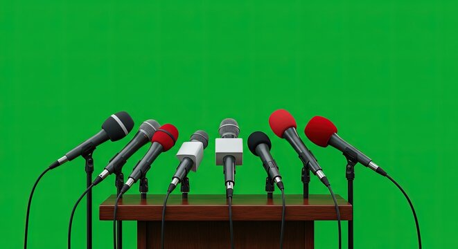 Microphones on Podium, Green Screen Backdrop
