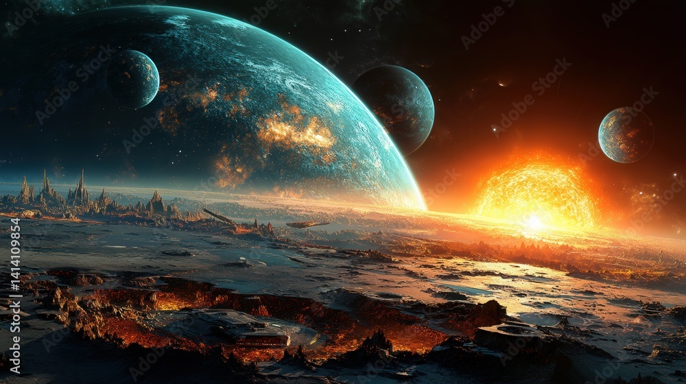 Poster planet surrounded by stars in deep space creating a striking celestial scene of galactic beauty and 