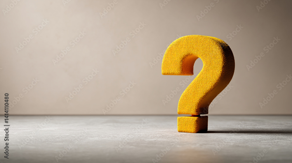 Aufkleber yellow textured question mark on gray surface against beige background, representing inquiry, doubt,
