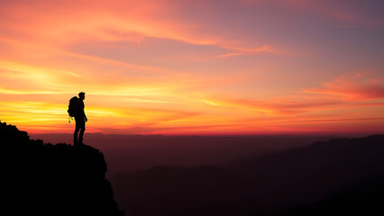 Fototapeta premium Solitary Hiker Standing on Rocky Cliff at Sunset Silhouette with Vibrant Sky Dramatic Lighting HDR 4K Cinematic Scene