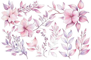 delicate watercolor flowers and leaves in soft pink and purple hues ideal for design projects invitations or decorative purposes