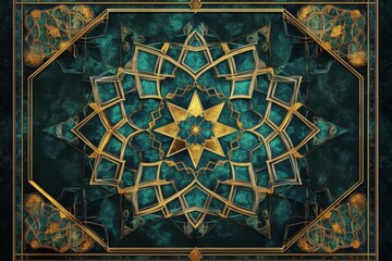 A detailed close up of an ornate green and gold decorative design with an octagonal shape and starburst center