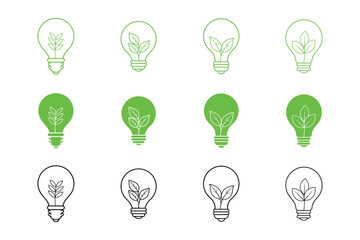 Light bulbs with leaves, Plant inside Lightbulb in line drawing. Creative concept of Green energy and environmental friendly sources, Vector illustration