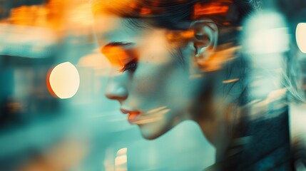 Abstract portrait of a woman with city lights blurry background art girl face mood teal dark soft