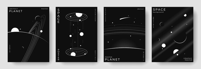 Set of abstract space astronomy backgrounds. Line art galaxy, universe, planet, solar system. Science future concept. Cosmic minimalist design for cover, poster, layout, banner, flyer, brochure © Anastasiya Stoma