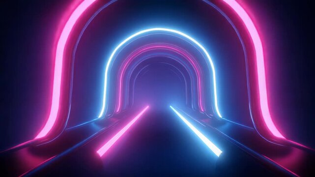 seamless loop of glowing neon tubes forming infinite tunnel with smooth camera movement. Electric blue and pink colors with atmospheric haze.