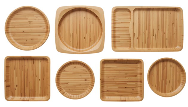 Set of bamboo plates in various round and square shapes
