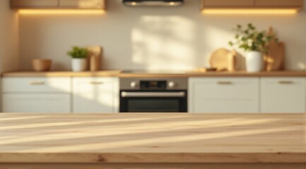 Flawless wooden surface in the foreground with a cozy, blurred kitchen behind, illuminated evenly by natural light to bring out its rich texture.