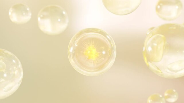 A macro shot shows several water bubbles rising against a bright background. Moisturize bubble blobs with beauty gloss in super motion. 3D cosmetic serum animation