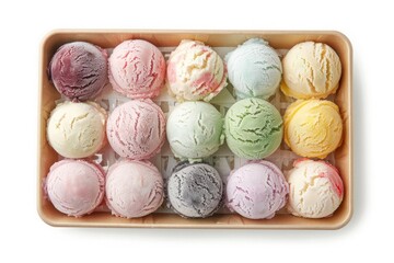 Assorted Colorful Ice Cream Scoops in a Wooden Tray Display