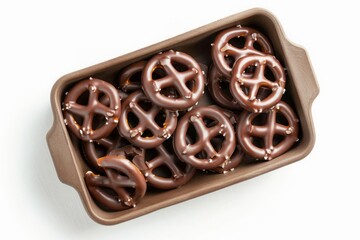 Chocolate Covered Pretzels in a Brown Serving Dish on White Background