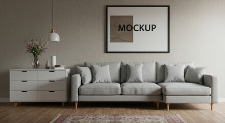 Neutral Living Room: Sectional Sofa, Minimalist Decor, Framed Mockup.