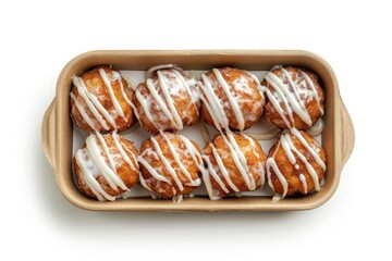 Freshly Baked Sweet Cinnamon Buns with Icing Drizzle on White Background