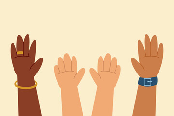 Diverse hands raised side by side, symbolizing unity, equality, and family support.