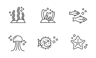 Set of Underwater icon, Sea life, Seaweed, Coral Symbol Outline icon, Editable Stroke