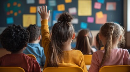 Children raising hand in class