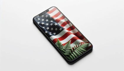 Smartphone with American flag and green fern leaves on screen lying on white background for patriotic digital or eco concept