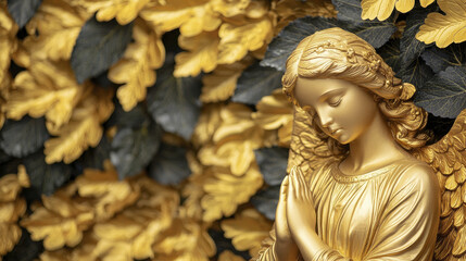 Fototapeta premium Majestic golden statue of angel surrounded by vibrant foliage, radiating serenity and grace