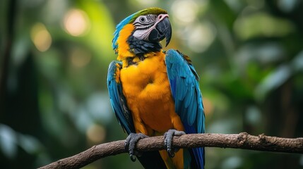 Obraz premium Vibrant macaw perched on a branch in a lush forest.