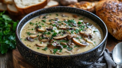 Creamy mushroom soup in a dark bowl, garnished with fresh herbs.