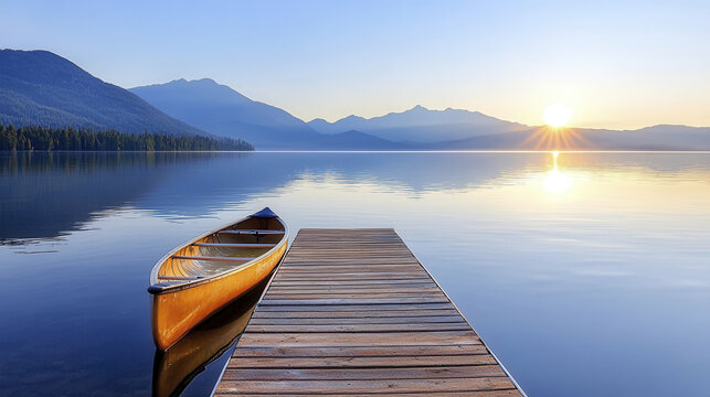 serene sunset over tranquil lake with wooden dock and canoe