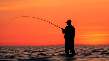 Fisherman Casting Line Silhouette at Dusk Against Orange Pink Sky in Cinematic HDR 4K