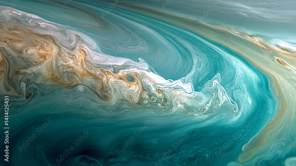 Poster abstract teal and beige swirls, resembling liquid marble or a celestial body, creating a dynamic and