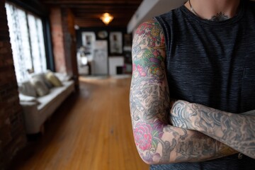 Fototapeta premium A tattoo model with a detailed, colorful sleeve tattoo of mythical beasts, standing in a fantasy-themed room. 