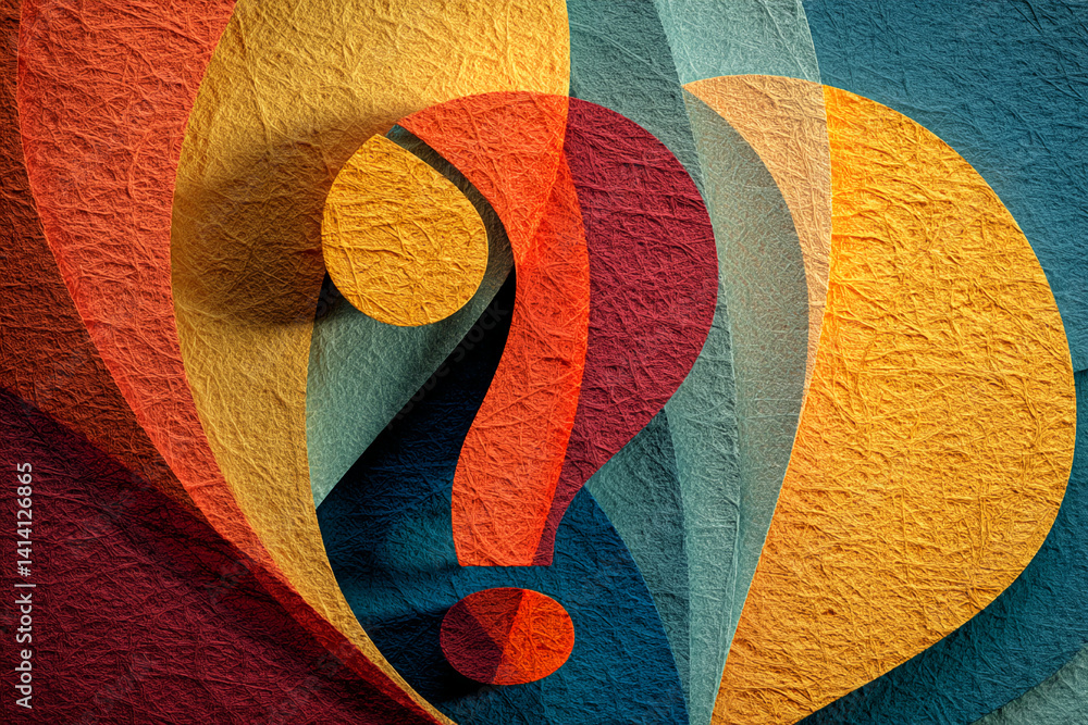 Poster abstract textured background with question mark in warm color palette, symbolizing inquiry, uncertai