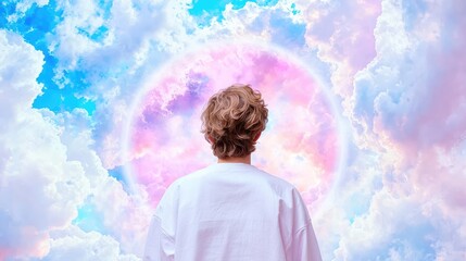 Person contemplating ethereal pastel dreamscape