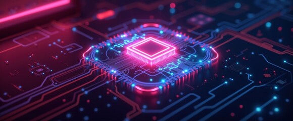 Futuristic Technology Concept Featuring a Neon Lit Circuit Board and Processor