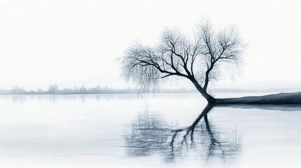 Fototapeta premium Solitary Tree by the Still Waters: A Monochromatic Landscape